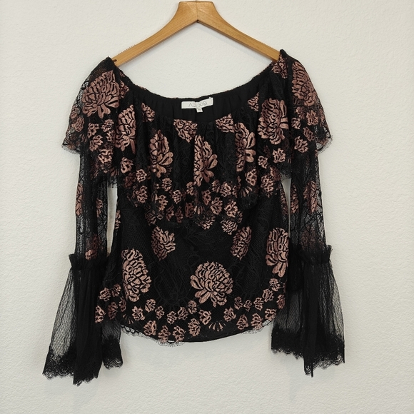 ALEXIS INTERMIX "LAURENA" BLACK LACE PINK FLORAL OFF SHOULDER BOHO TOP BLOUSE M - Picture 6 of 16